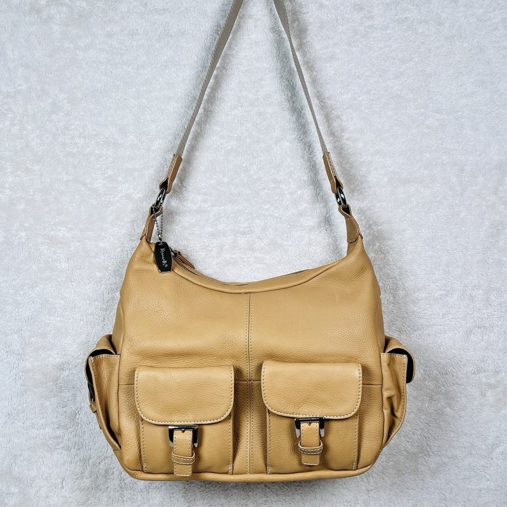 Vintage Tignanello Cargo Hobo Shoulder Bag Pebbled Leather Canvas Strap Tan Nude - Picture 1 of 15